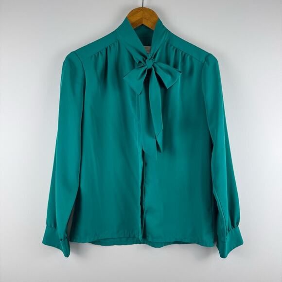 Pendleton Tops - Vintage Pendleton Mock Tie Neck Elegant Teal Blouse with Bow Scarf ~ Sm/Md